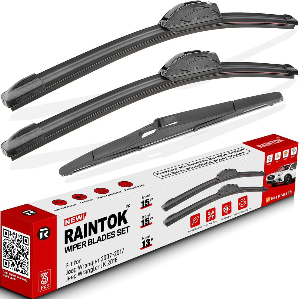 Windshield Wiper Blades Replacement for 2007-2017 Jeep Wrangler 2008-2018 Wrangler JK Original Factory Quality Front Rear Wipers Blade Set for My Car - 15" 15" 13" (Pack of 3)