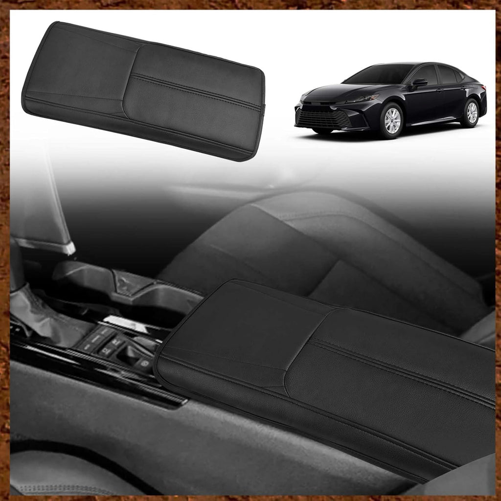 Muslogy Armrest Pad Center Console Cover Compatible with 2025 Toyota Camry LE SE XLE XSE Accessories Armrest Lid Protector Vegan Leather Extra Soft Lid Cushion (Black/Black Stitching)