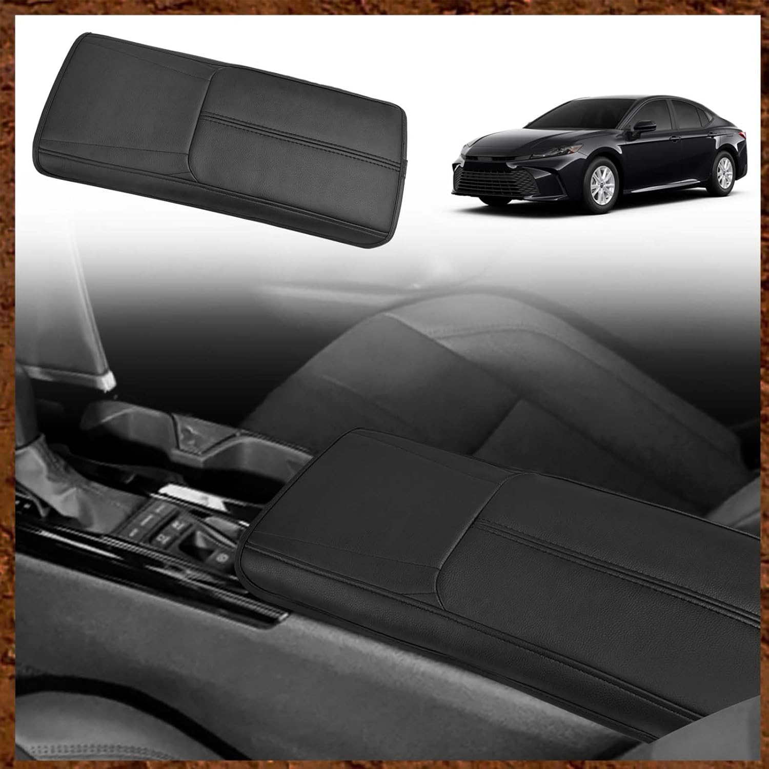 Muslogy Armrest Pad Center Console Cover Compatible with 2025 Toyota Camry LE SE XLE XSE Accessories Armrest Lid Protector Vegan Leather Extra Soft Lid Cushion (Black/Black Stitching)