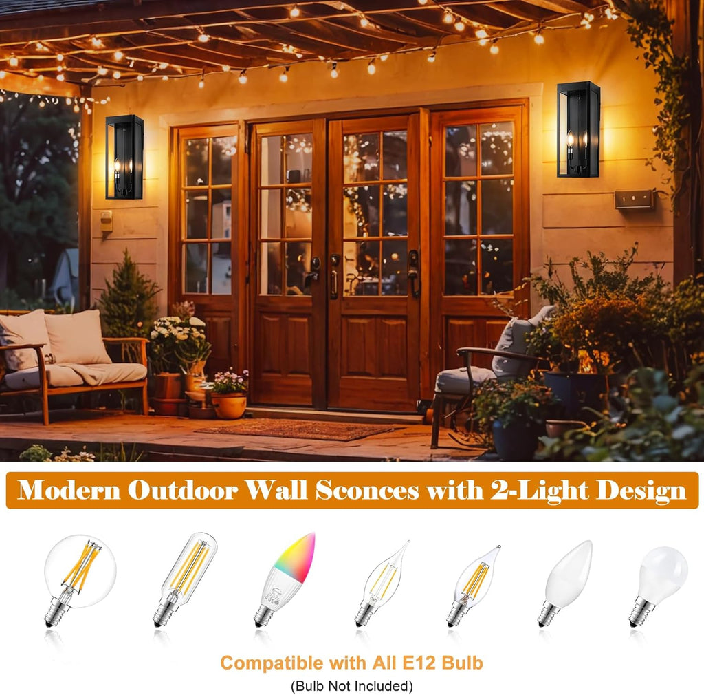 Outdoor Wall Lights 16 Inch Large, 2 Pack Black Modern Exterior Lighting Fixtures Wall Mounted with 2 Candle Light, Waterproof Outside Sconce Coach Garage Lanterns Porch Lamps for House E12