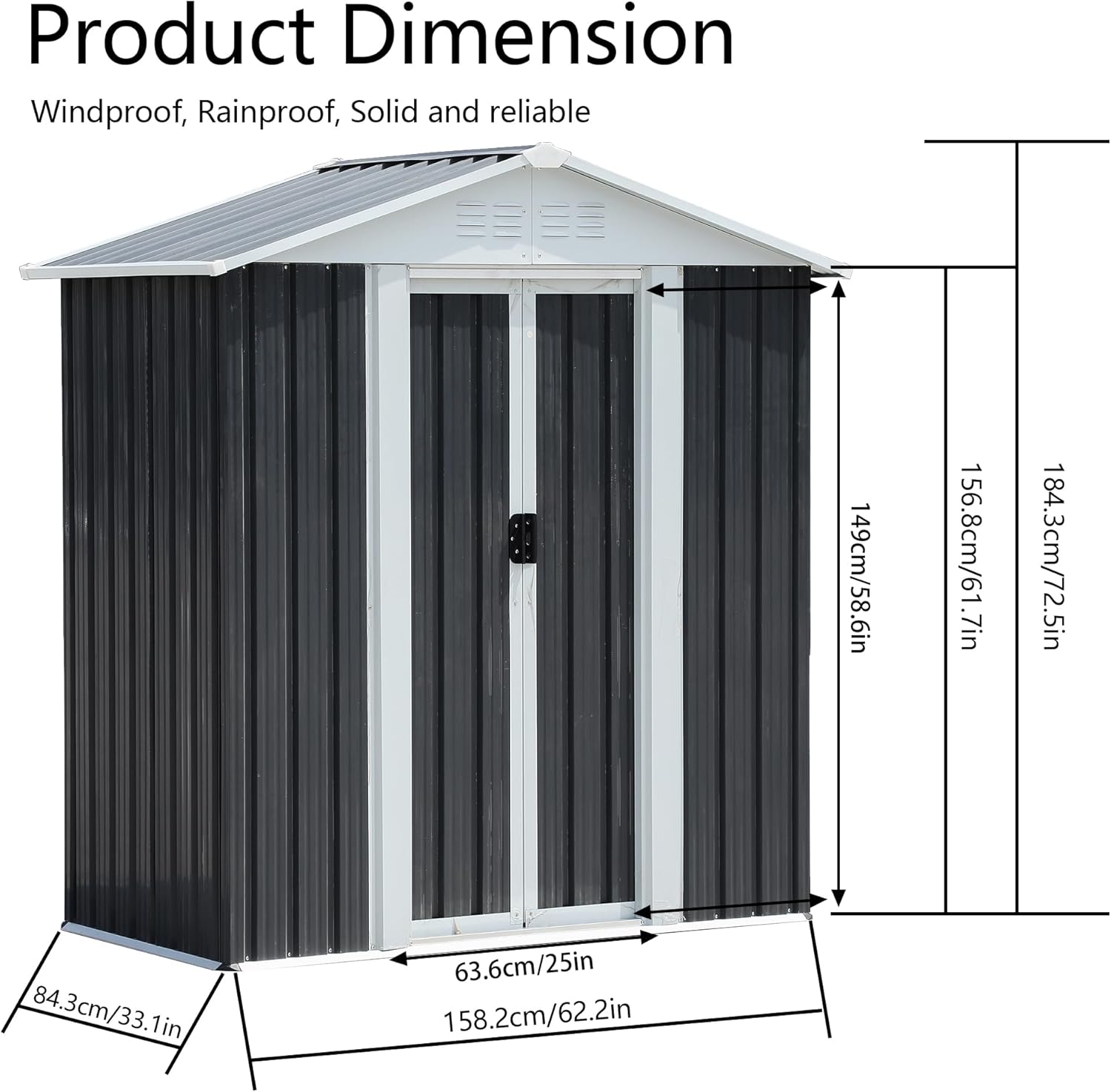 5X3 FT Outdoor Storage Shed with Floor Base, Waterproof Metal Garden Sheds w/Lockable Sliding Doors and Vents, Weather Resistant Tool Storage House for Backyard, Patio, Lawn, Dark Grey