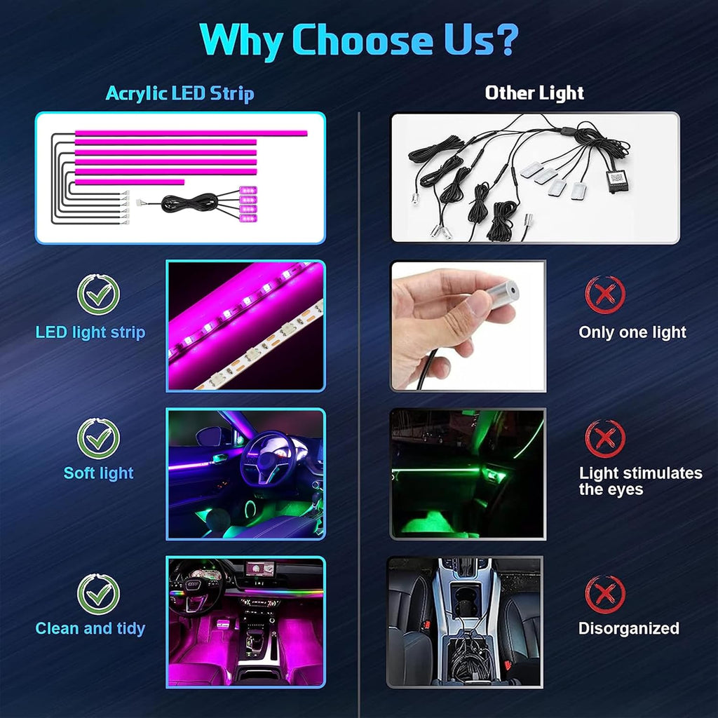 WEBUPAR Acrylic Interior Car Lights, Car Accessories 10 in 1 Car LED Strip Lights with APP Control, 175 inches 593 LEDs Fiber Optic Lights, RGB Neon Car Ambient Lighting Kits