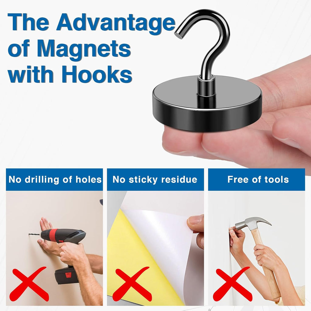 LOVIMAG Magnetic Hooks, 110LBS Strong Magnetic Hooks Heavy Duty for Refrigerator, Black Magnet with Hooks for Cruise Cabin, Large Magnetic Hooks for Hanging, Grill, Metal Door etc - 6 Pack