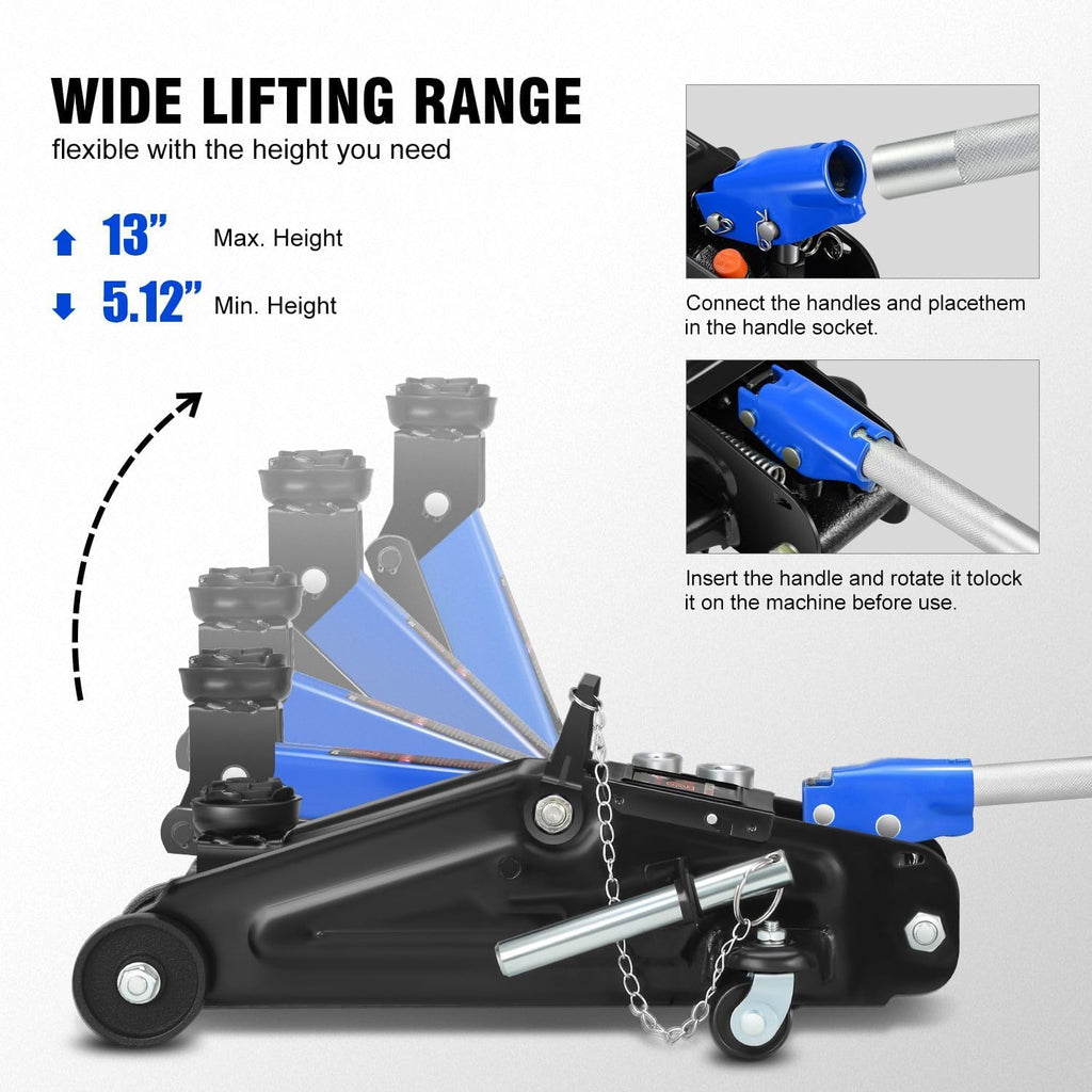DNA MOTORING Floor Jack with Socket and Lock, Low Profile Hydraulic Trolley Jack for Cars Lift, 2 Ton (4000 lbs) Capacity, Lifting Range 5.12"-13", Blue, TOOLS-00677-BL