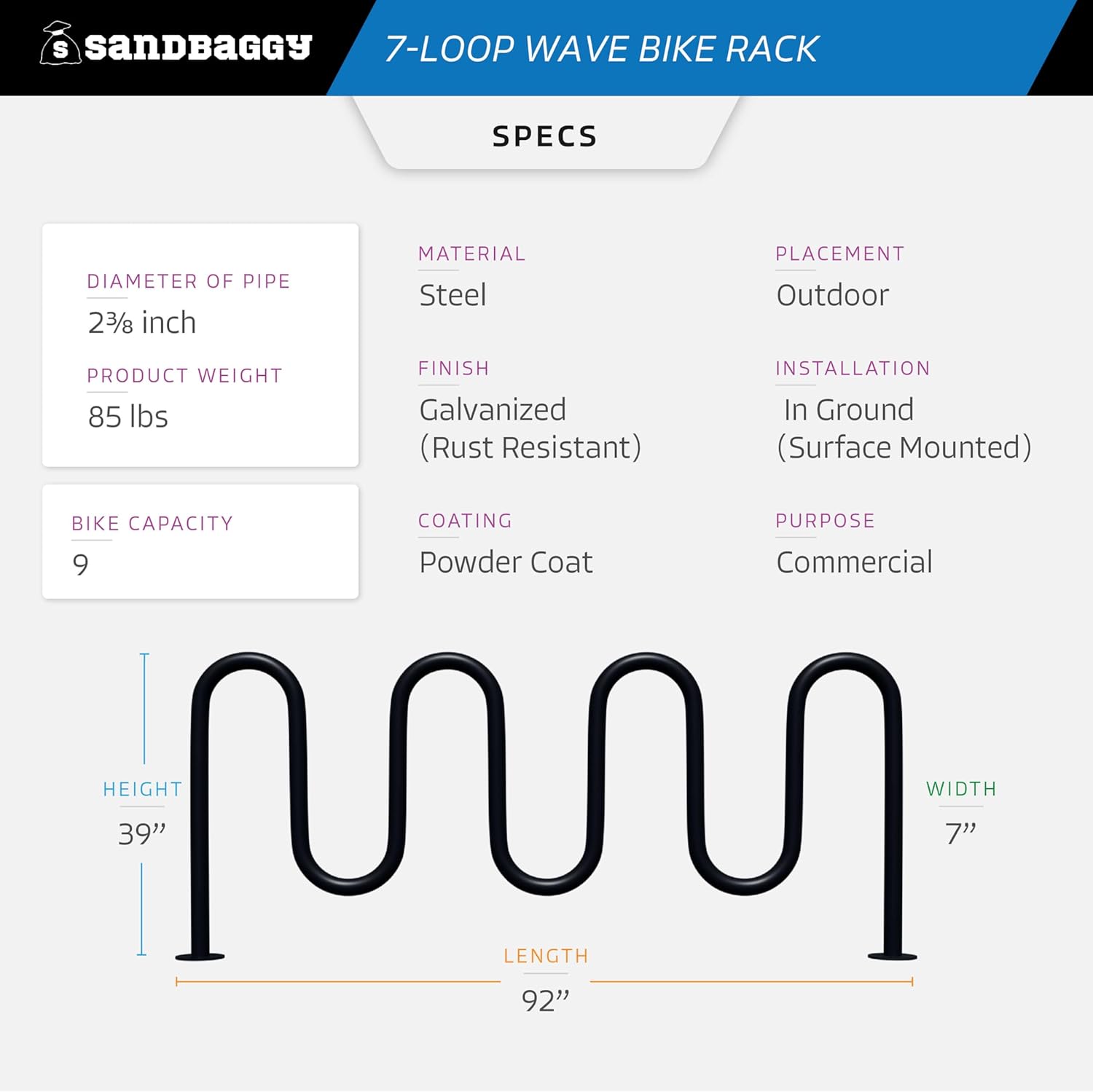 Sandbaggy Commercial Bike Racks - Galvanized Steel - Anti-Theft Design - In Ground, Apartments, Sidewalks, Industrial