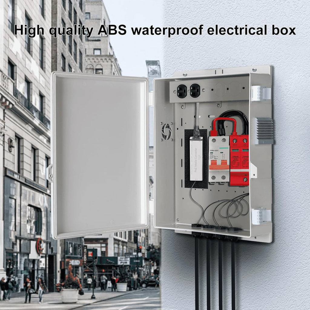 Outdoor Electrical Junction Box with High Power Outlet, ABS Water Resistant Enclosure with Internal Mounting Panel & Hinged Cover (16" H* 12" L* 4" W)