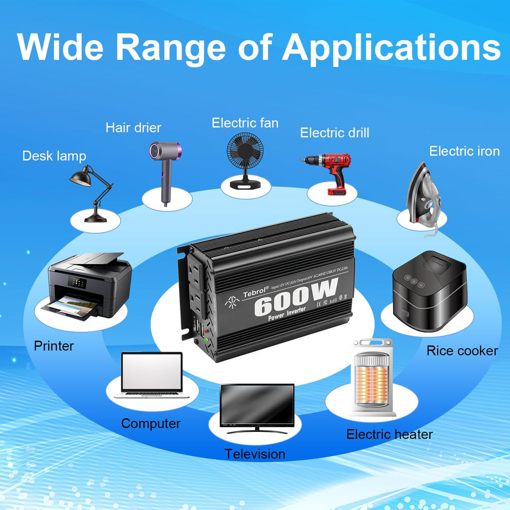 600W Power Inverter DC 12V to AC(2 Outlets) 110V Car Charger Plug Inverter Adapter Converter with 4.2A Dual USB Charging Ports for RV Camping Travel