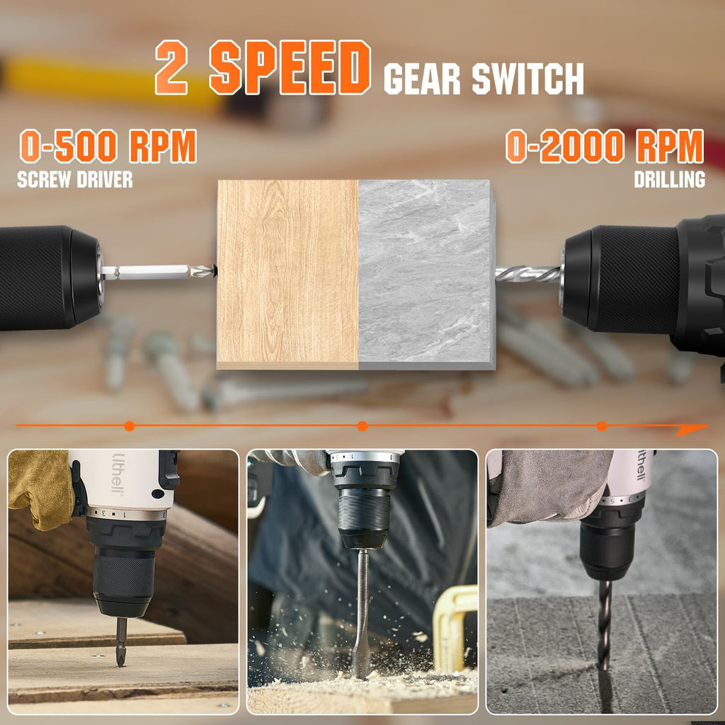 Litheli Cordless Drill Driver, Brushless Electric Power Drill with 2 Variable Speed, 1/2 Inch Keyless Chuck, 17+1 Clutch Settings with Maximum Torque of 530 In-lbs (Battery and Charger not Included)