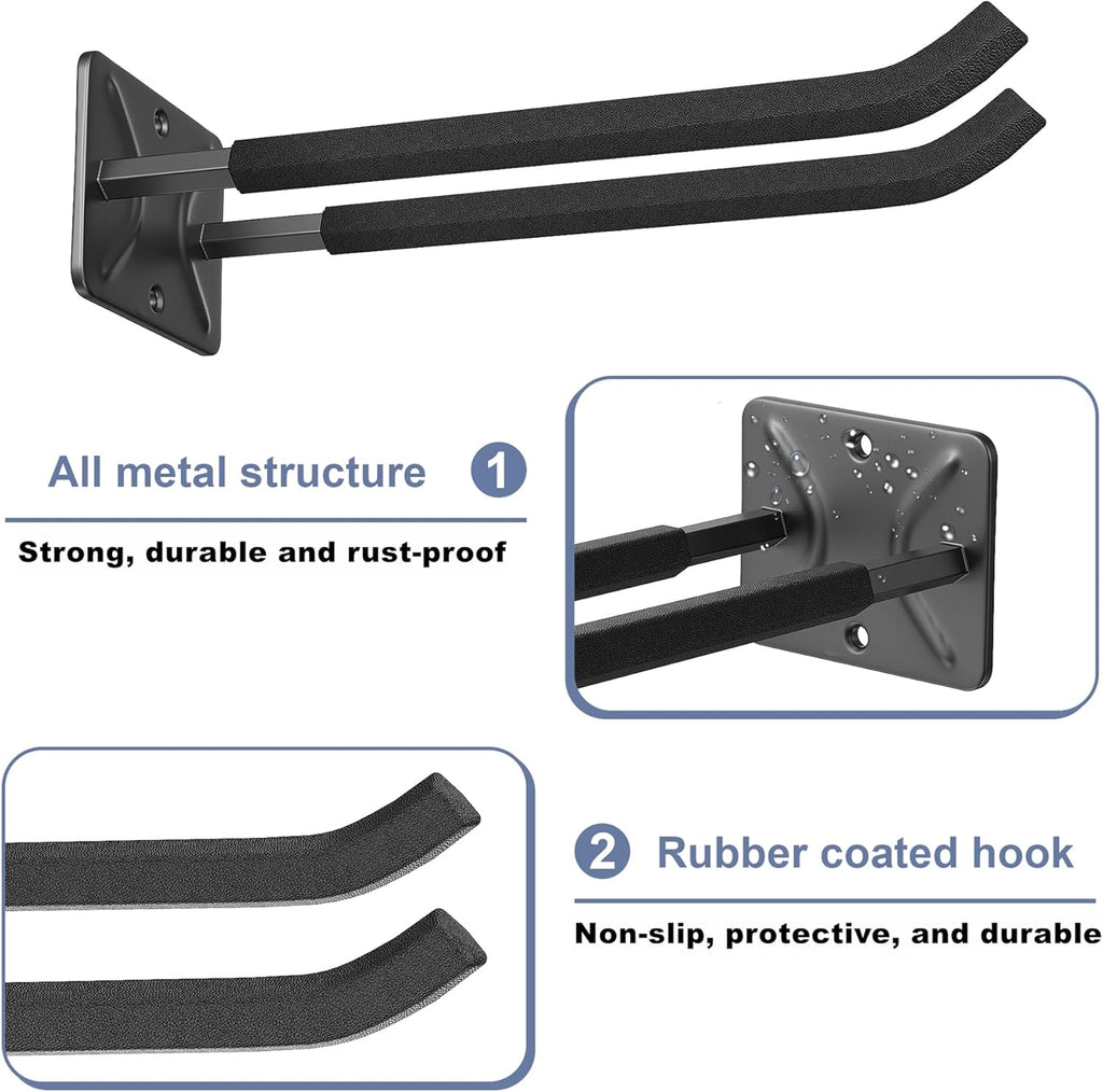 WALMANN Wall Mounted Garage Hooks, Heavy Duty 12-inch Tool Hooks for Hanging, Tool Hangers for Car Tires, Ladders, Folding Chairs, Strollers, Garden Tools (Pack of 4)