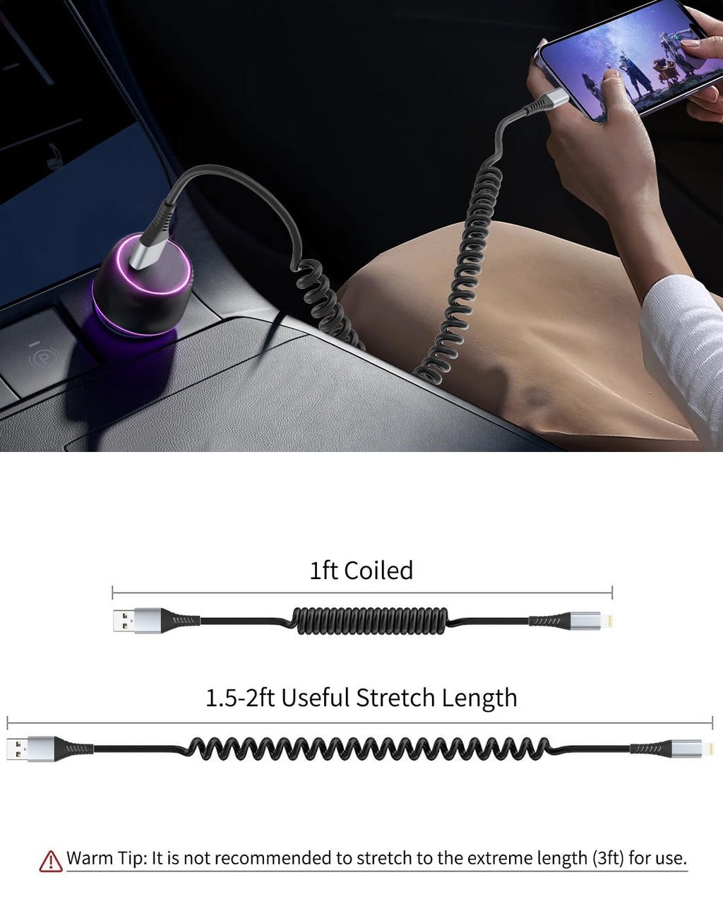 Coiled Lightning Cable, 2 Pack Retractable iPhone Charger Cord for Car, USB to Lightning Cable Fast Charging Compatible with iPhone 14 13 12 11 Pro Max Mini 10 8 Plus XR SE, AirPods