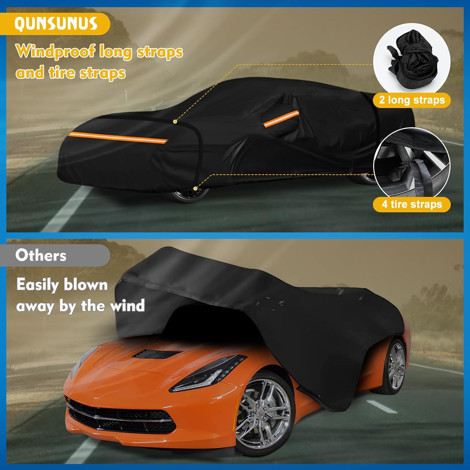 QUNSUNUS Waterproof Car Cover for C7 Corvette 2014-2019, Outdoor Car Covers with Zipper, All Weather Full Exterior Cover with Straps and Elastic Edges for Wind, Sun, UV and Dust Protection