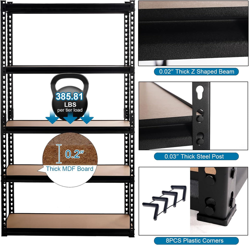 Garage Storage Shelves 35.43" W x 15.75" D x 72" H, 5 Tier Storage Rack Adjustable Black Metal Shelving for Warehouse, Pantry, Closet