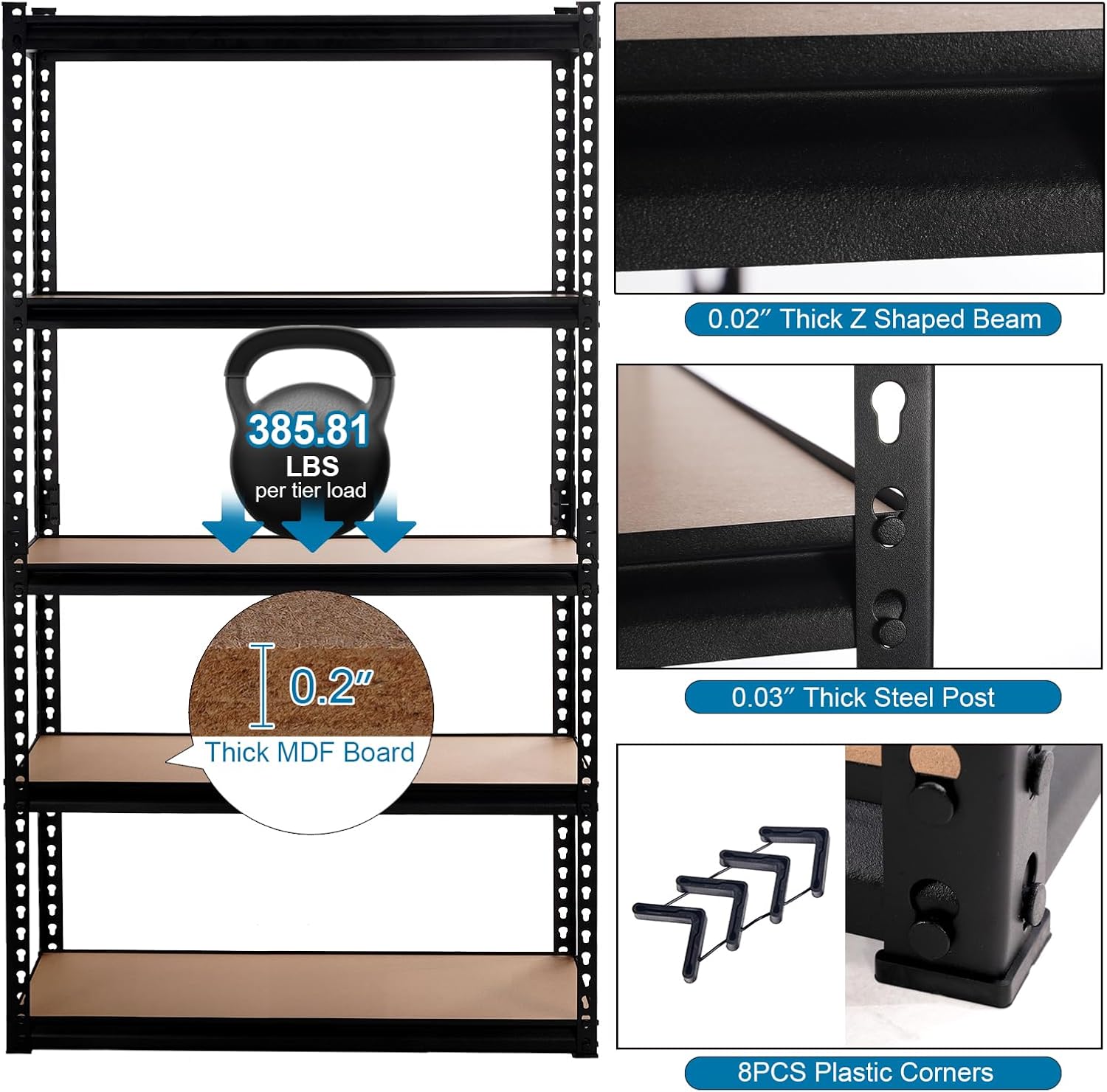 Garage Storage Shelves 35.43" W x 15.75" D x 72" H, 5 Tier Storage Rack Adjustable Black Metal Shelving for Warehouse, Pantry, Closet
