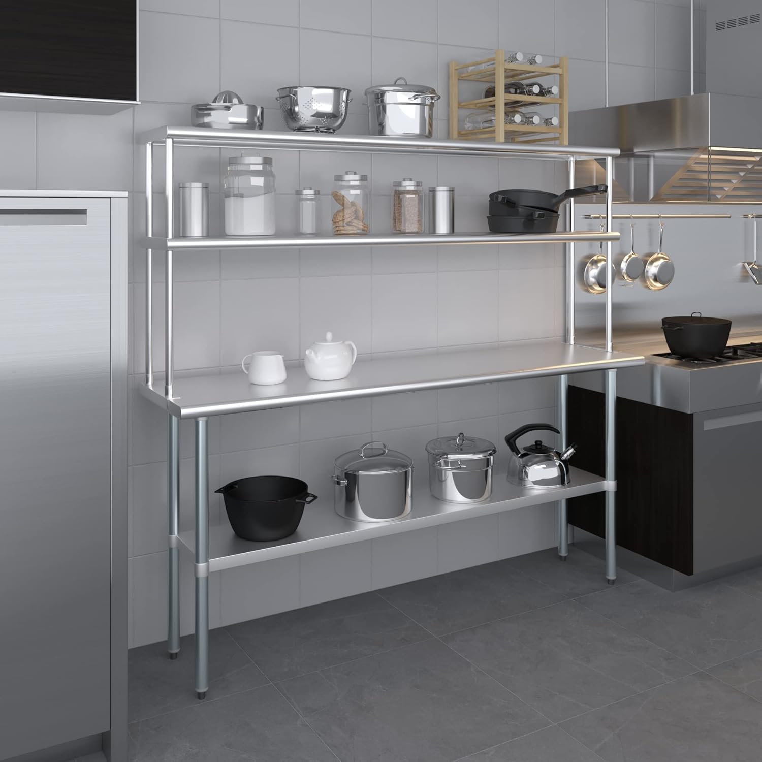 Amgood Stainless Steel Work Table Double Tier Overshelf | Metal Kitchen Prep Table & Shelving Combo (18" x 72" Work Table + 12" Overshelf)