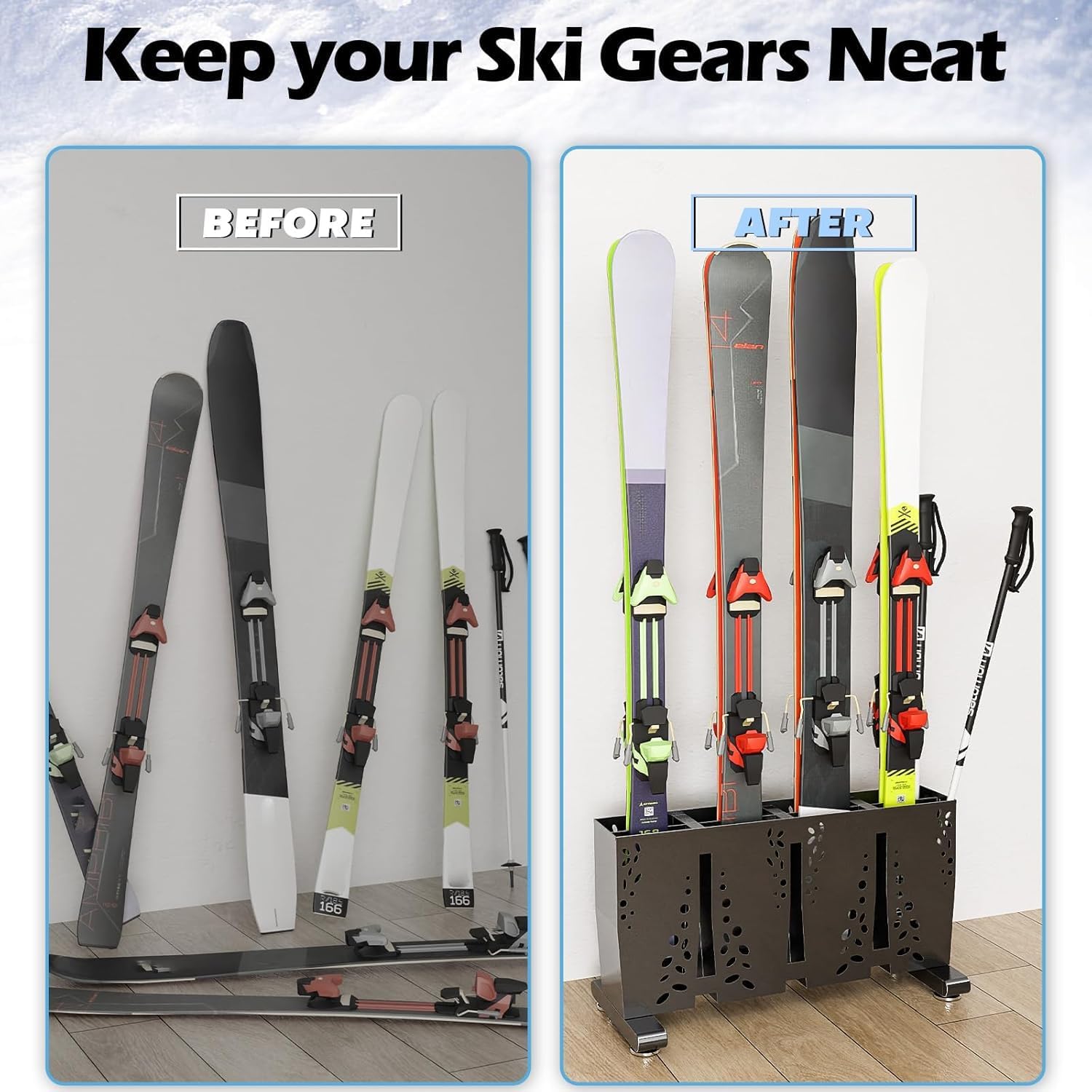 Heavy Duty Metal Ski Storage Rack, 8 Pair Freestanding Steel Ski Holder, Floor Stand Ski Organizer Rack