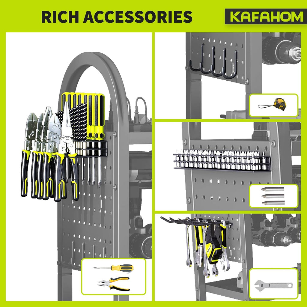 KAFAHOM Power Tool Organizer - 4 Tier Rolling Tool Cart with 8-12 Drill Holder,Tool Storage Cart on Wheels - Heavy Duty Metal Utility Tool Shelf for Garage, Workshop, Warehouse & Repair Shop