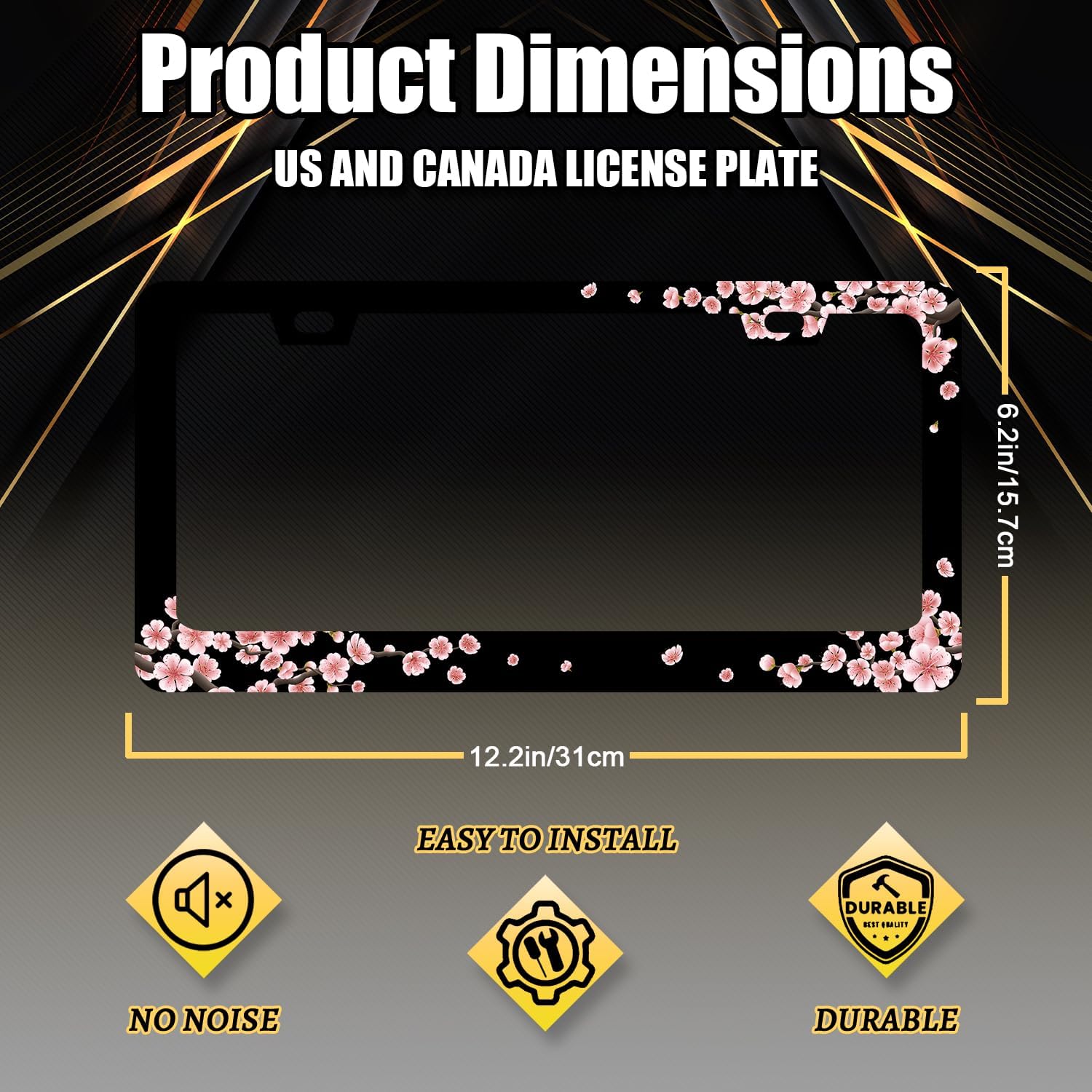 Beautiful Cherry Blossom License Plate Frame Pink Floral License Plate Holder Stainless Steel Colorful License Plate for USA Canada 6.3"X12.3" with 2 Holes and Screws