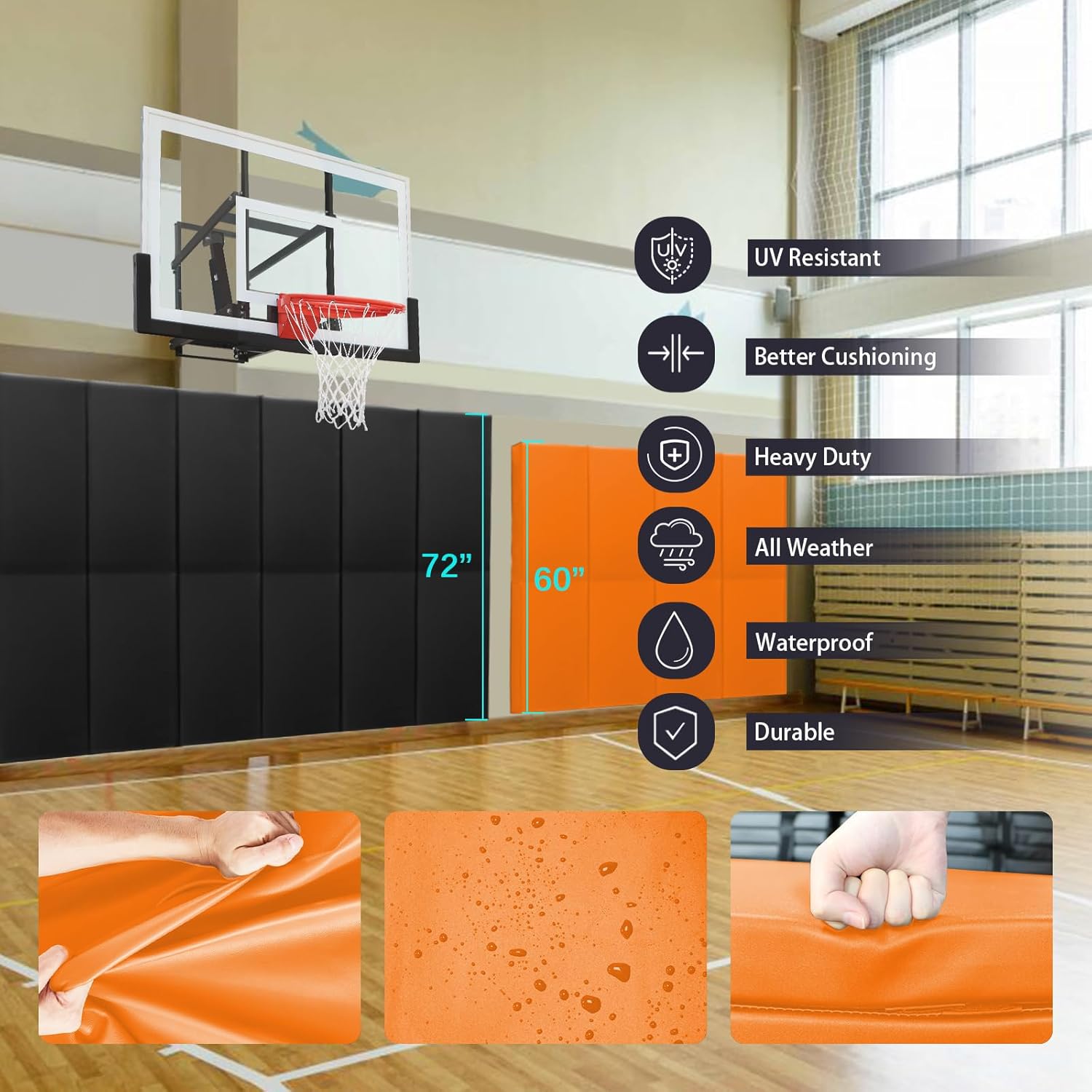 PROGOAL 60"/72" High Gym Wall Padding 2"/4" Thick Foam Basketball Court Wall Mount Protector for Garage Taekwondo Babyroom - Durable Waterproof Anti-Cushion