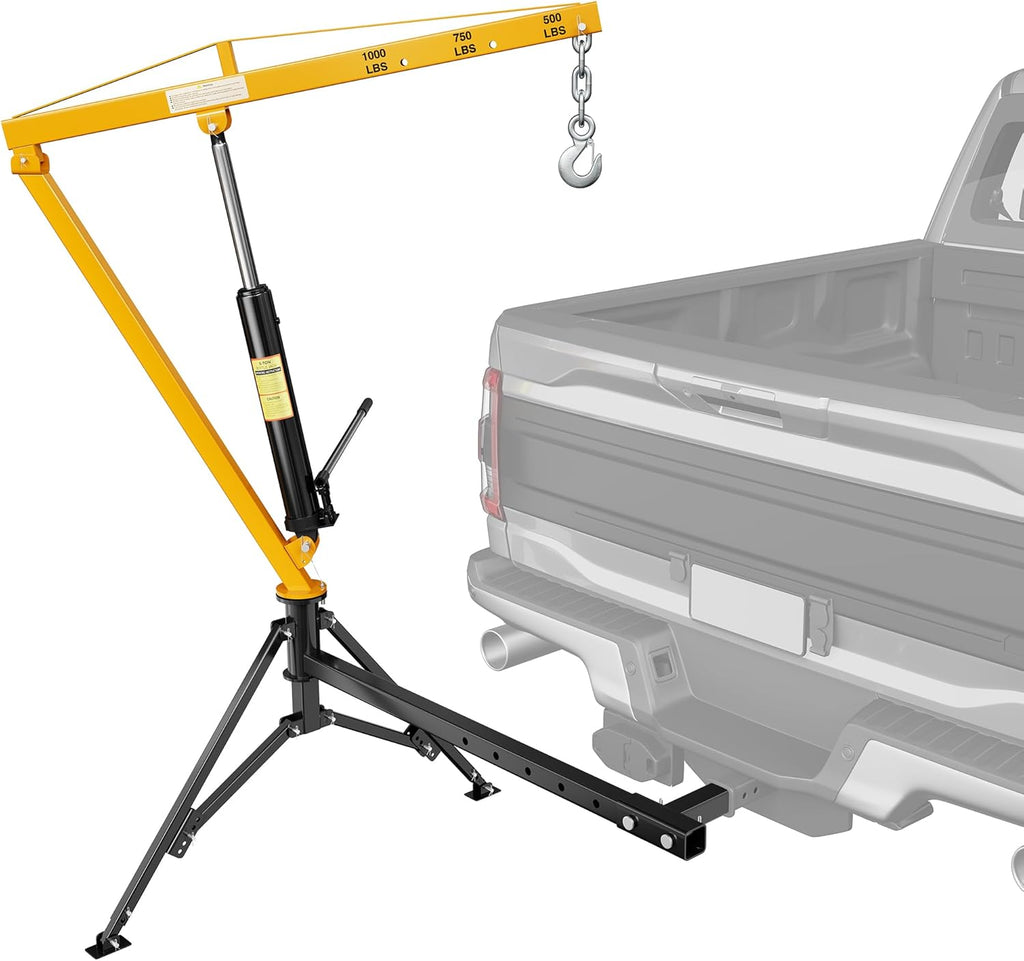 1000lbs Receiver Hitch Mounted Hydraulic 360° Swivel Truck Crane with 3 Boom Capacity Options: 500lbs, 750lbs, 1000lbs. Ideal for Workshops, Construction, Agriculture, and Logging