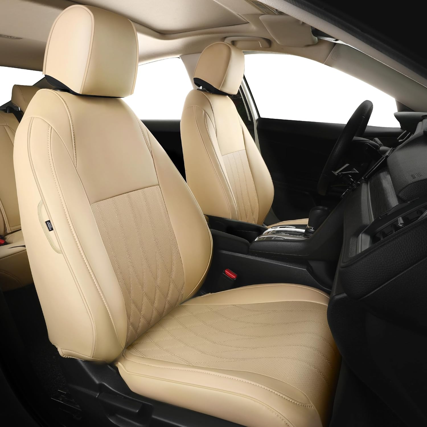 Seat Covers for Honda Civic Sedan LX 2016 2017 2018 2019 2020 2021, Faux Leather Car Seats Cover Full Set (Rear Row Solid & No Folding Backrest)-Beige