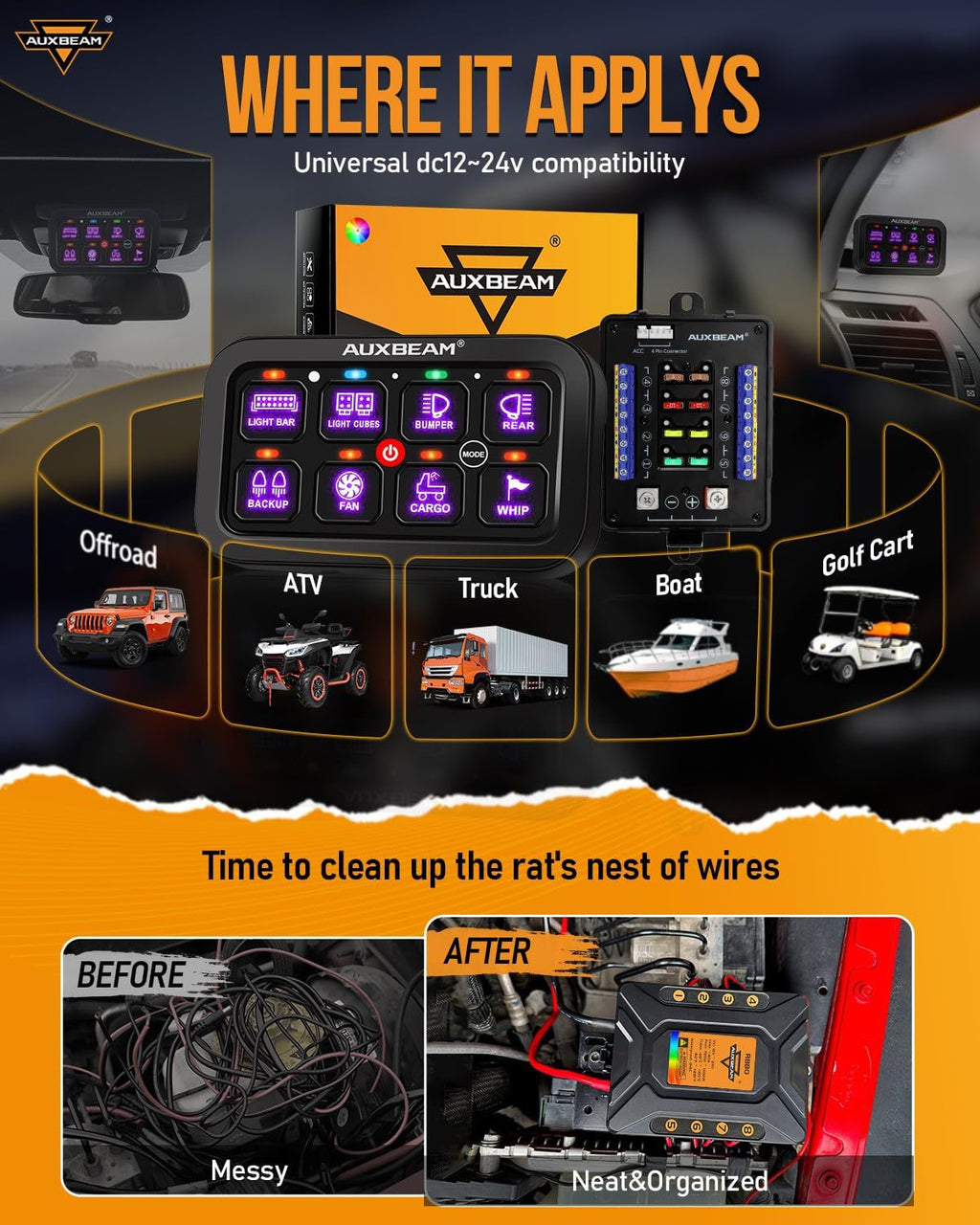 Auxbeam Switch Panel RB80 RGB 8 Gang Switch Panel Auto-Dimmable Multifunction Switch Panel w/Momentary Toggle Pulsed Memory, Aluminum Switch Panel for Truck Boat Car RV Waterproof, 2-Year Warranty