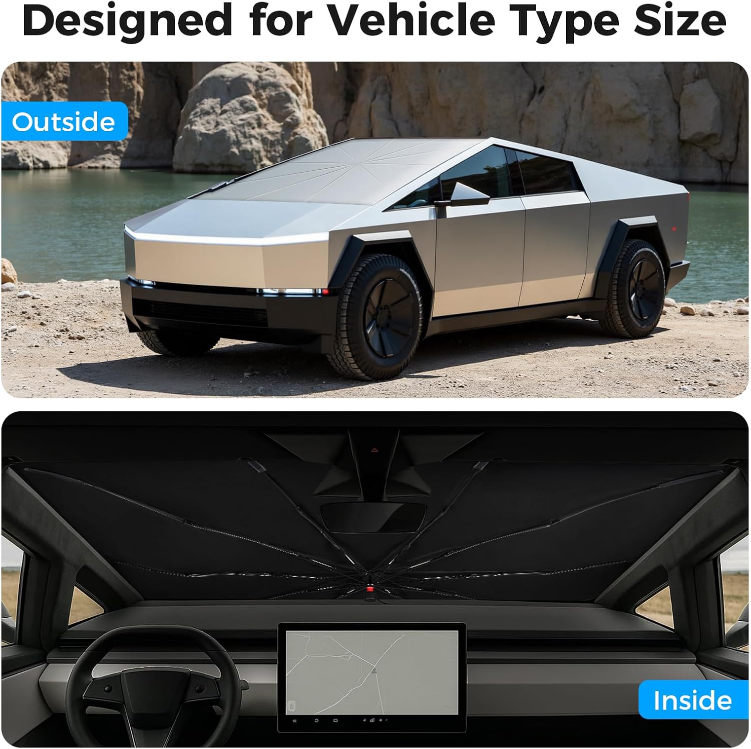 [2025 Upgrade] Cybertruck Windshield Sun Shade - Sunshade Umbrella for Tesla Cybertruck 2024 2025, Thickened Titanium Silver UV Block Coating, Front Window Heat Insulation Protection, 54''x 60''x 61''