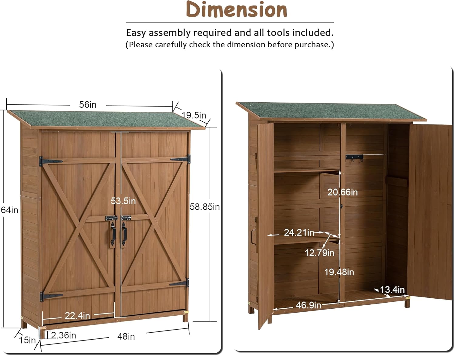 56" L x 19.5" W x 64" H Tall Outdoor Wooden Storage Shed with Lockable Doors, Waterproof Asphalt Roof, Removable Shelves for Garden Tools,Yellow Brown