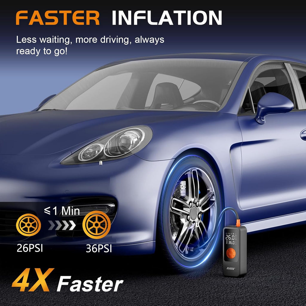 Tire Inflator Portable Air Compressor, 4X Faster Inflation & High-Capacity Battery, Tire Pump with Digital Pressure Gauge & LED Light, 150PSI Air Pump for Car Tires, Motorcycle, Bike, Ball, etc