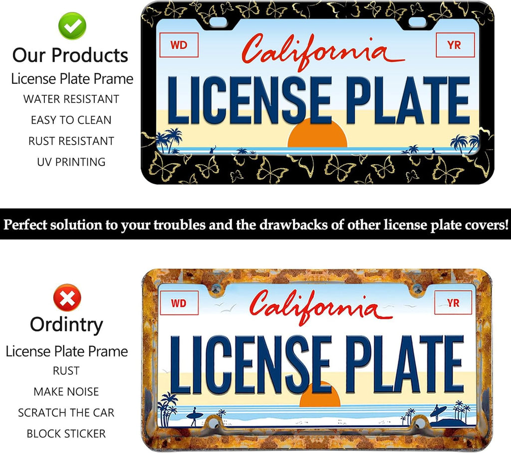 Golden Butterfly License Plate Frames - 2 Pack Beautiful Butterfly Stainless Steel License Plate Holder,Rust-Proof Waterproof Car Decorative Tag Frame with Screws Fasteners Caps