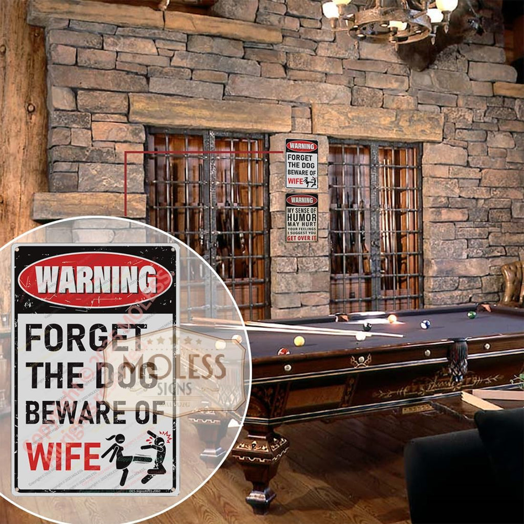 'Forget the Dog – Beware of Wife!' Funny Man Cave Decor for Men | 12x8″ Durable Vintage Metal Man Cave Signs Wall Decorations for Basement/Garage/Mancave, 2360