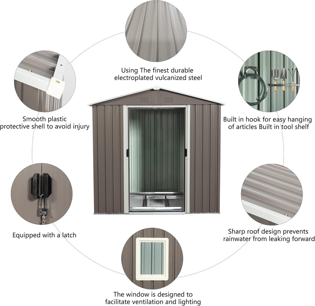 6x5 FT Outdoor Storage Shed, Metal Garden Shed with Frame Floor, Outside Tool Shed with Window, Waterproof Storage Building with Lockable Sliding Doors & Sloped Roof for Backyard, Patio, Warm Gray