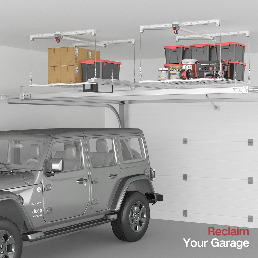 Overhead Garage Storage Rack, Adjustable Heavy-duty 4x4 Ft Ceiling Storage Racks with Safety Lock, Ideal for Garage Storage Lifting Organization System, 250lbs Capacity, White