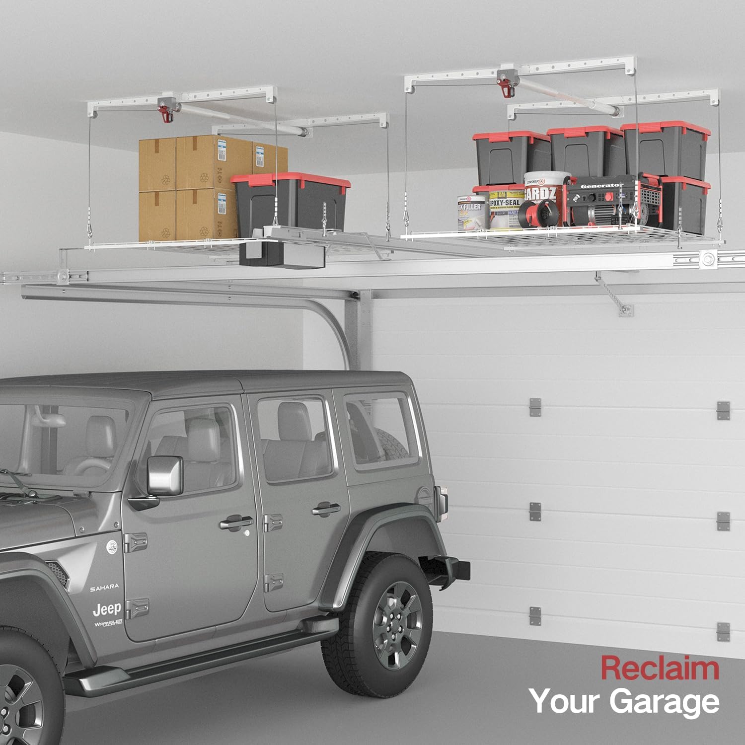 Overhead Garage Storage Rack, Adjustable Heavy-duty 4x4 Ft Ceiling Storage Racks with Safety Lock, Ideal for Garage Storage Lifting Organization System, 250lbs Capacity, White