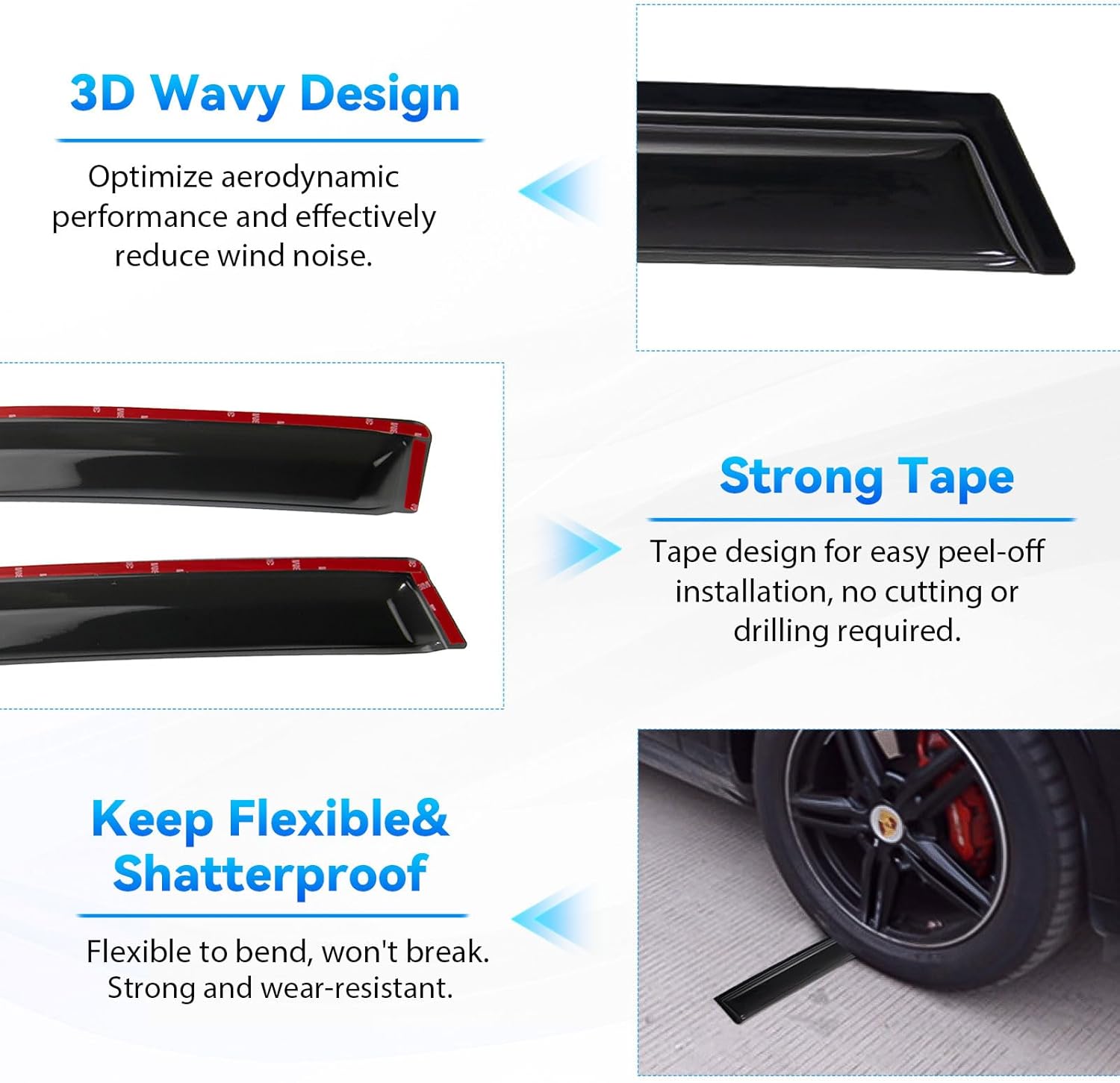 4pcs Front+Rear Smoke Tint Sun/Rain Guard Outside Mount Tape-On Vent Window Visors Compatible with 19-24 Ram 1500 New Body Quad Cab with Small Size Rear Doors