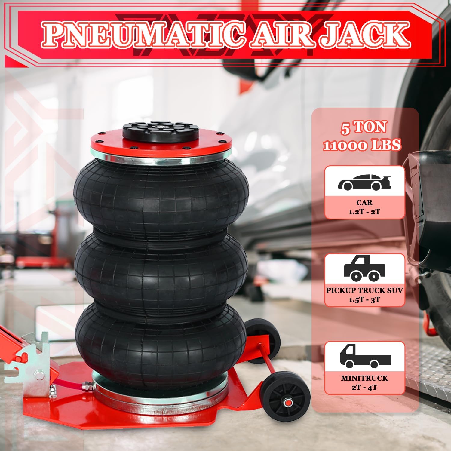 5T Triple Bag Air Jack 11000lbs Pneumatic Jack 3s Fast Lift Up 16in Airbag Jack with Adjustable Long Handle Heavy Duty Triple Air Bag Jack Lift for Cars Garage (Red)