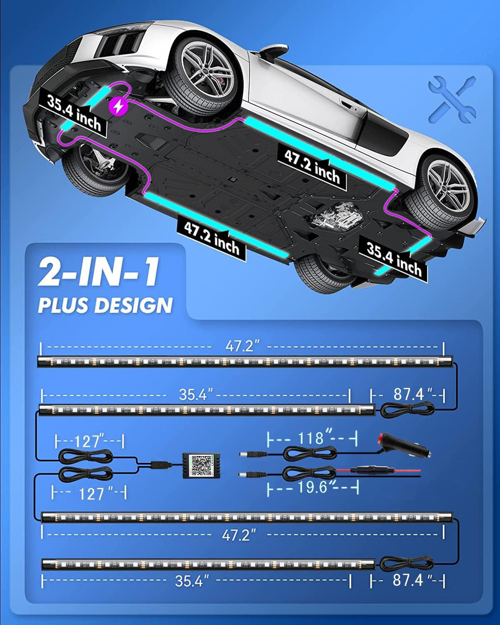 Exterior Car LED Strip Lights with App and RF Remote Control, 16 Million Colors Underglow Kit