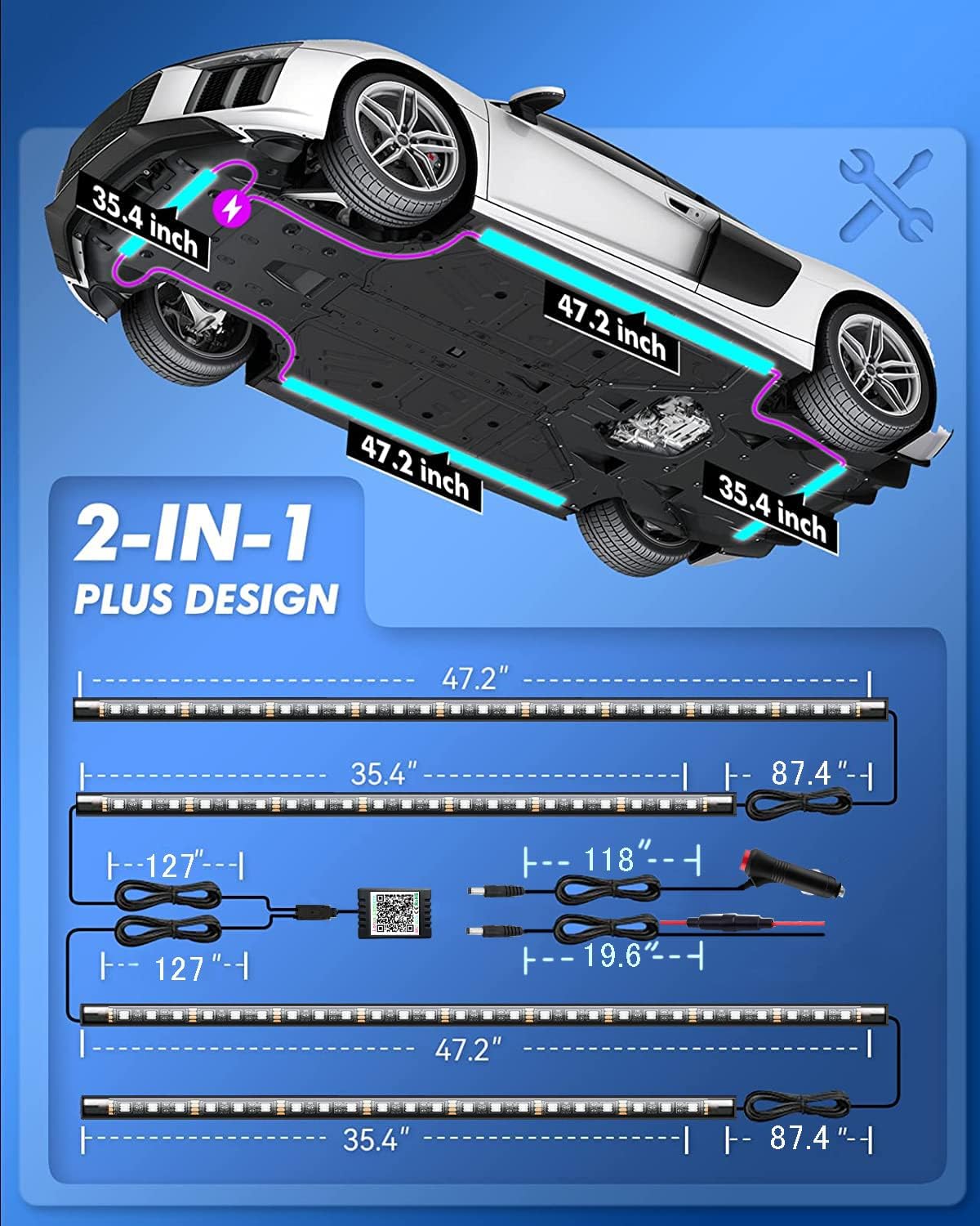 Exterior Car LED Strip Lights with App and RF Remote Control, 16 Million Colors Underglow Kit