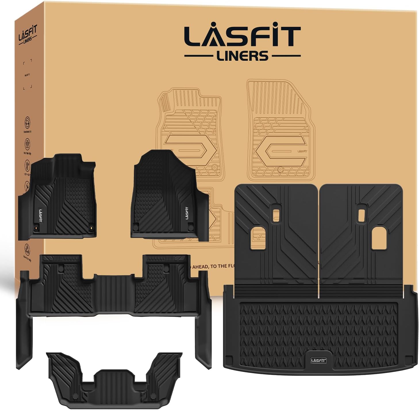 LASFIT Floor Mats & Trunk Mat & Backrest Mats for Acura Mdx 2022-2026 Cargo Mat All Weather TPE Mats Custom Fit Floor Liner for Mdx 1st & 2nd & 3rd Row Car Mats & Cargo Liner, Black, Easy to Clean