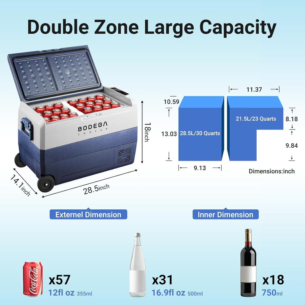 BODEGACOOLER 12 Volt Car Refrigerator,53 Quart Portable Freezer,Dual Zone Car Fridge APP Control,-4℉-68℉ RV Electric Compressor Cooler 12/24V DC 100-240V AC for Outdoor,Camping,Travel,Road Trip