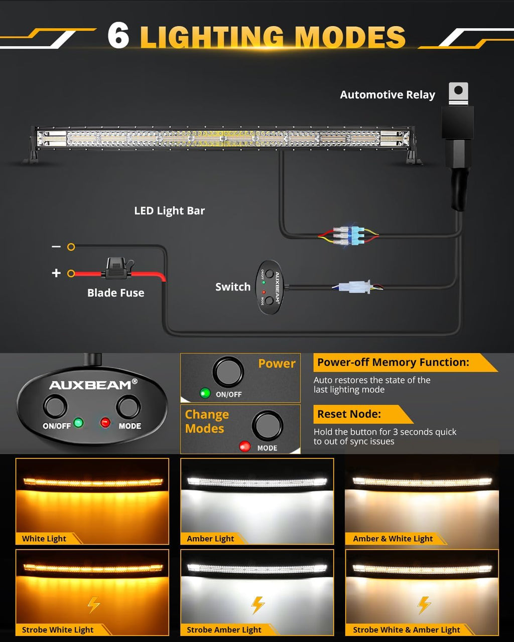 Auxbeam 42 Inch Curved LED Light Bar, 240W 6 Modes Amber White Strobe Fog Lights, Yellow Spot Flood Memory Reset Function Offroad Driving Work Ditch Light for Truck Car ATV