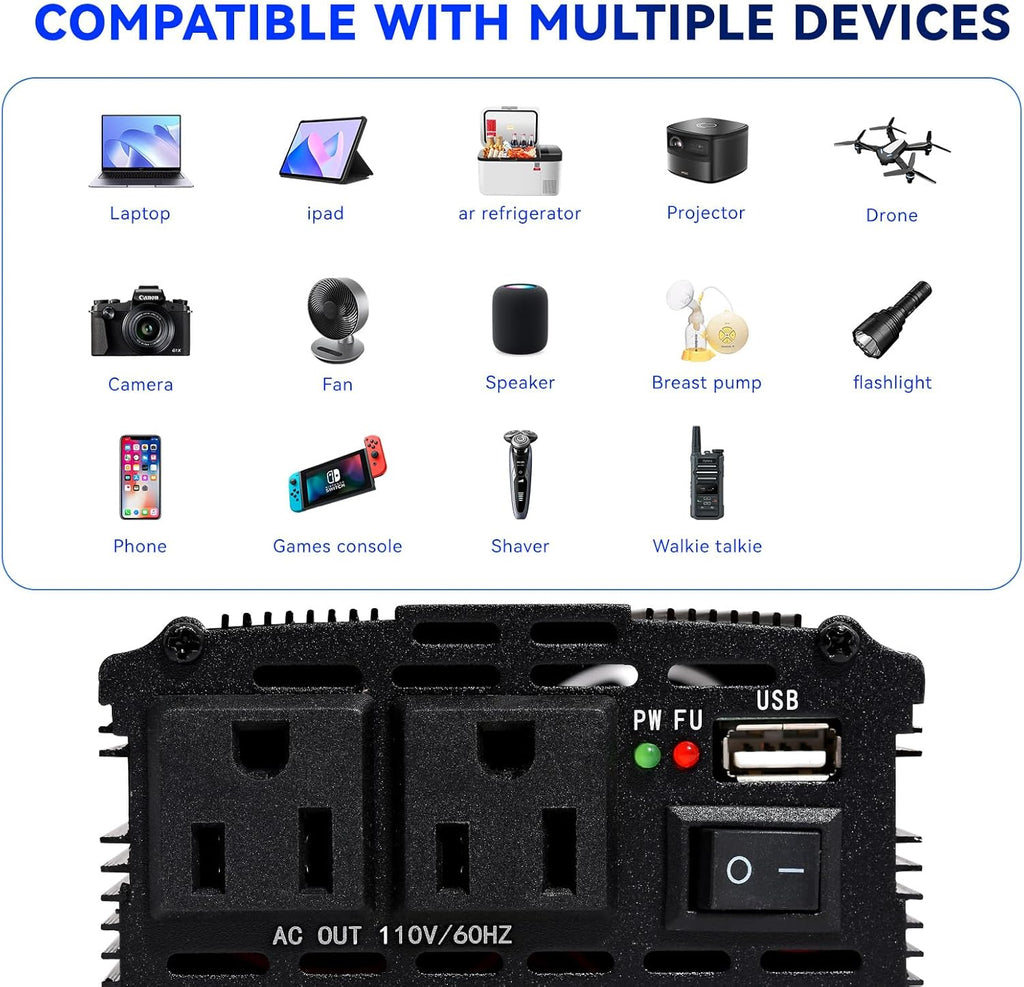 Power Inverter 2000W Car Power Inverters,12 Volt Inverter for Vehicles, 12V DC to 110V AC Car Plug Adapter Outlet Converter for Laptop Vehicles Camping Road Trip Essentials Adults