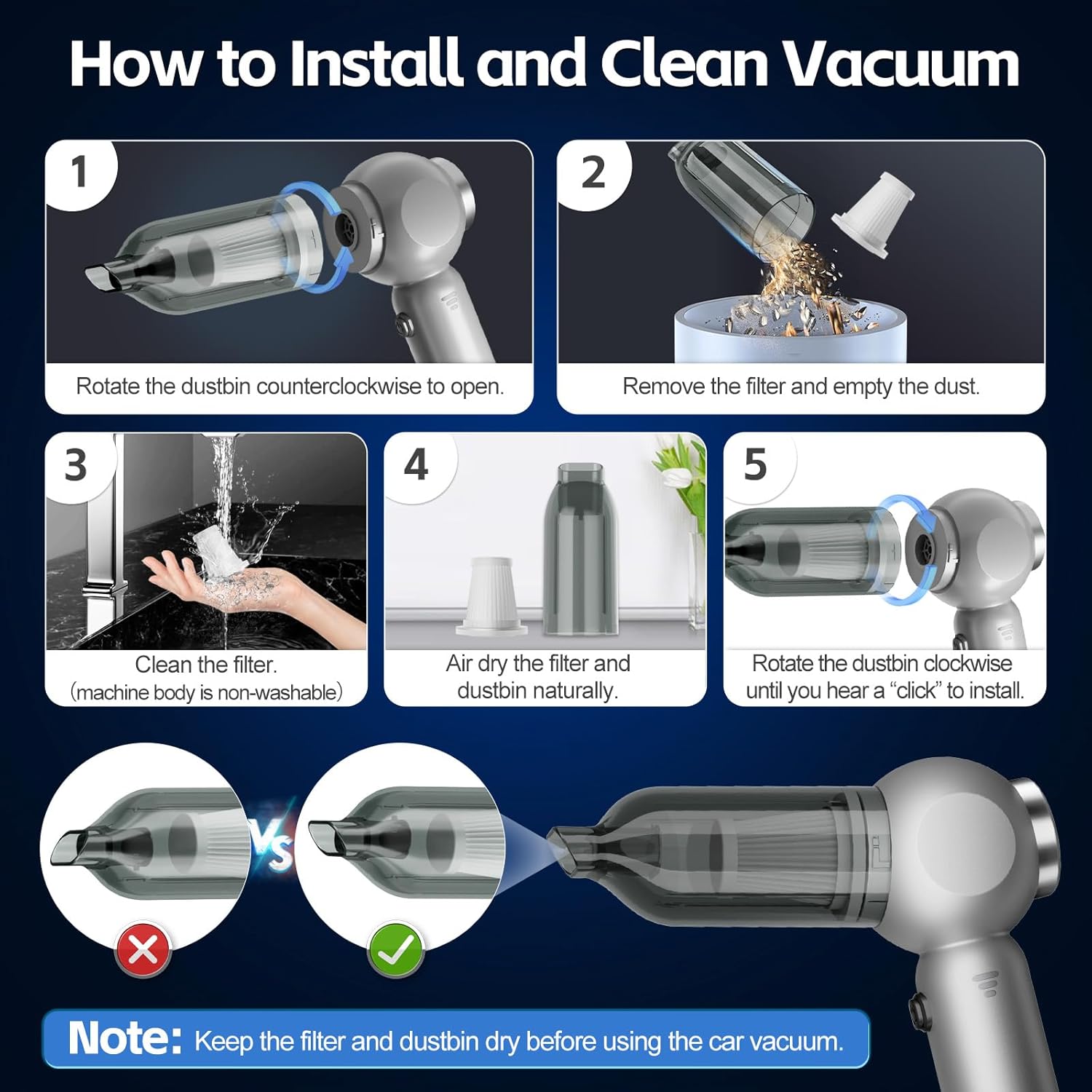 6 in 1 Car Vacuum Portable Cordless, 20000PA Mini Vacuum Cleaner High Power Brushless Motor, Handheld Vacuum Cordless Compressed Air Duster for Car, Home, Office
