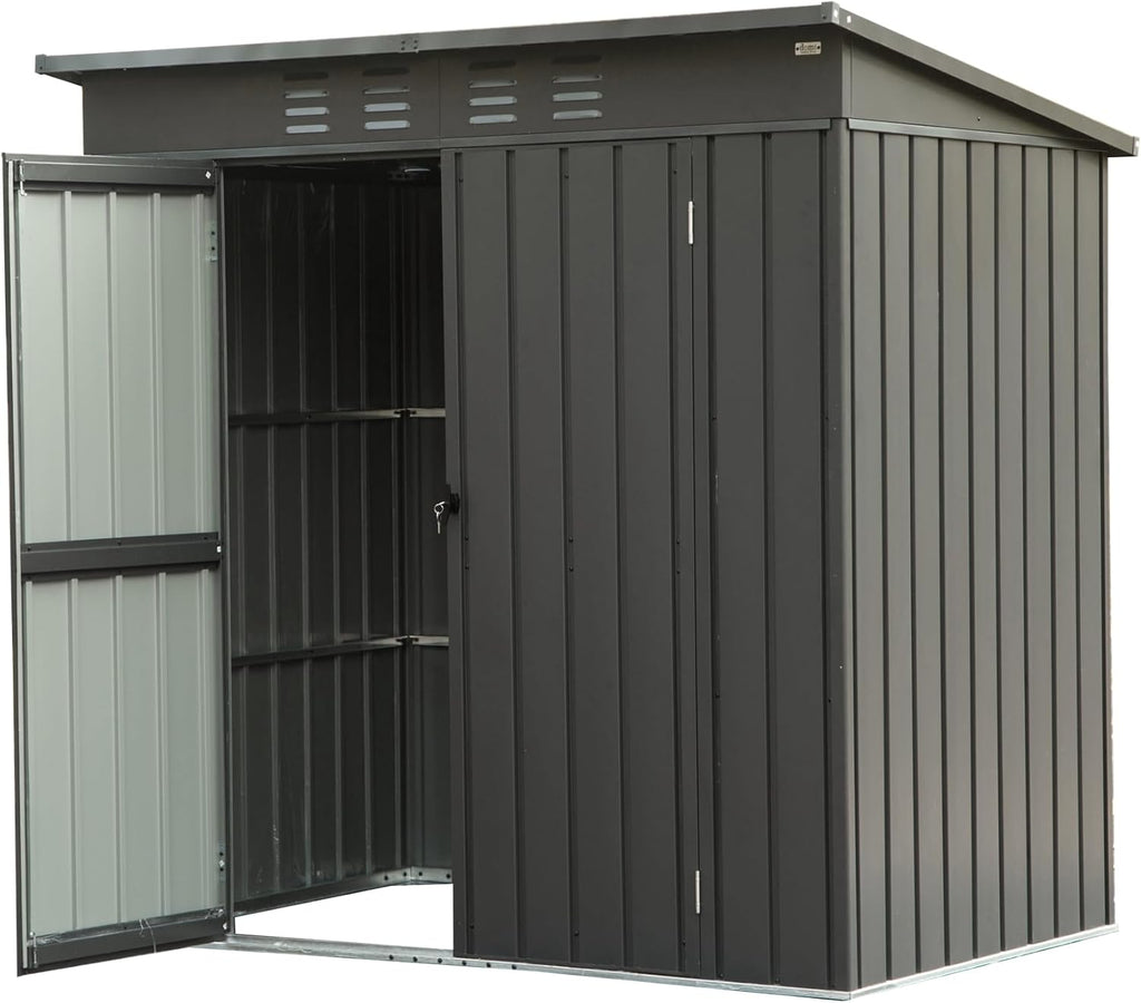 IKERY Galvanized Steel Garden Shed - 6' x 4' with Sloping Roof and Lockable Door, Metal Utility Storage Shed for Backyard Tools, Dark Gray