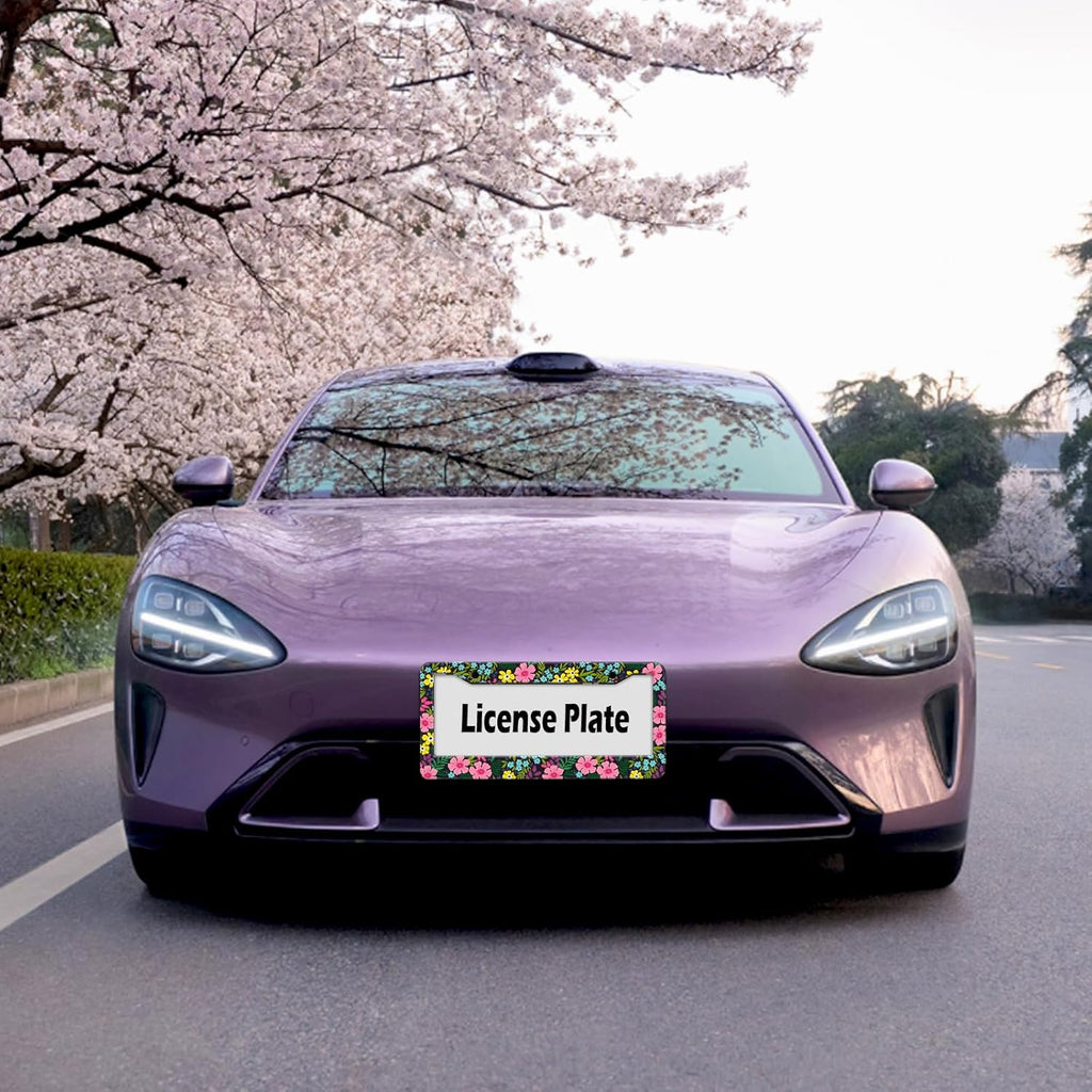 Floral License Plate Frame, Flowers License Plate Holder Covers, Metal Aluminum Rustproof Car Accessories for Us Canada Standard Women Men 2 Holes with Screw Caps