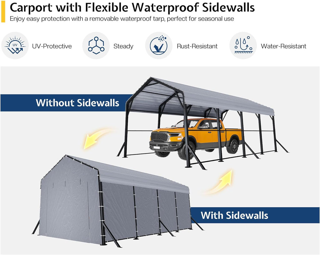 Jocisland 12x20x10.5 FT Metal Carport - Removable Waterproof Sidewalls, Heavy Duty Outdoor Carport with Upgraded Steel Reinforcements for All-Weather, Car Canopy for Car, Boat, Equipment Storage