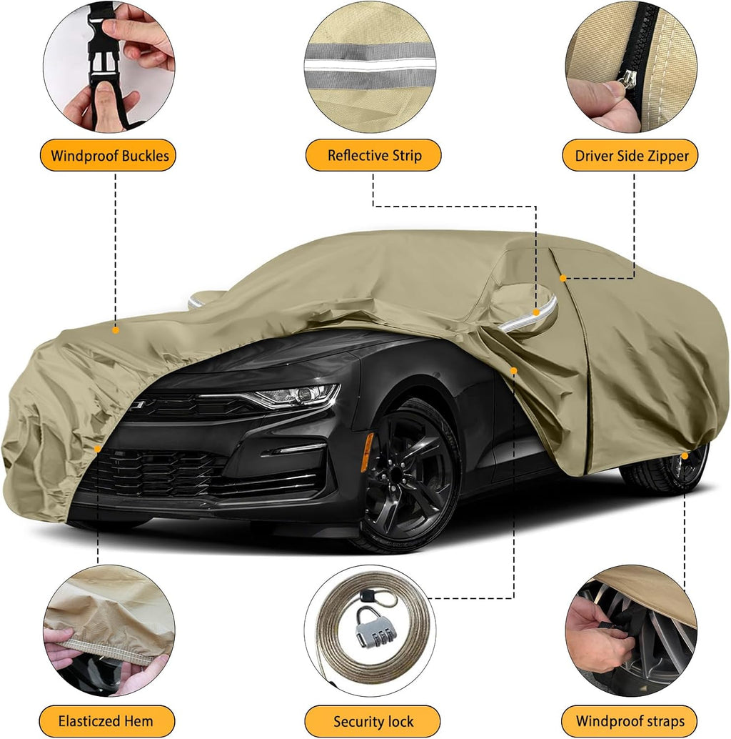 Waterproof Car Covers Replace for 2010-2025 Chevy Camaro, Multilayer Heavy Duty with Cotton Liner All Weather Custom-fit Car Cover with Zipper Door, Windproof Bands for Snow Rain Dust Protection