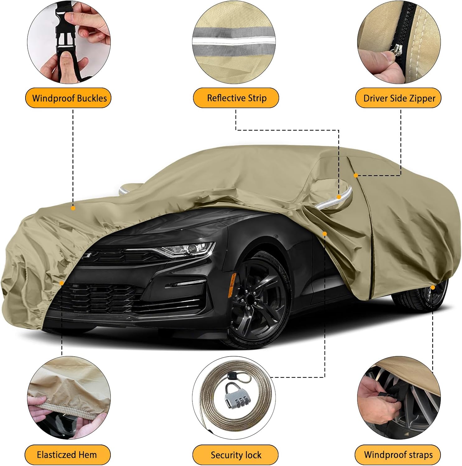 Waterproof Car Covers Replace for 2010-2025 Chevy Camaro, Multilayer Heavy Duty with Cotton Liner All Weather Custom-fit Car Cover with Zipper Door, Windproof Bands for Snow Rain Dust Protection