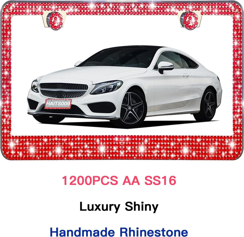 2 Pack License Plate Frames for Women, Sparkly Rhinestone Diamond Car Accessories with Glitter Crystal Caps (Red(2PCS))