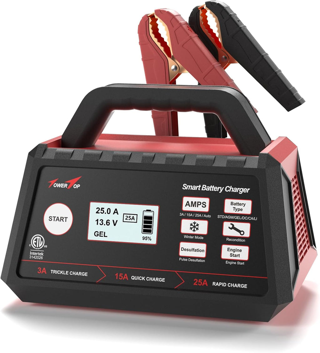 TowerTop 3/15/25 Amp Car Battery Charger, 12V Fully Automatic Smart Battery Maintainer with Engine Start, Auto Desulfator, Battery Repair, for All Lead-Acid and LiFePO4 Batteries