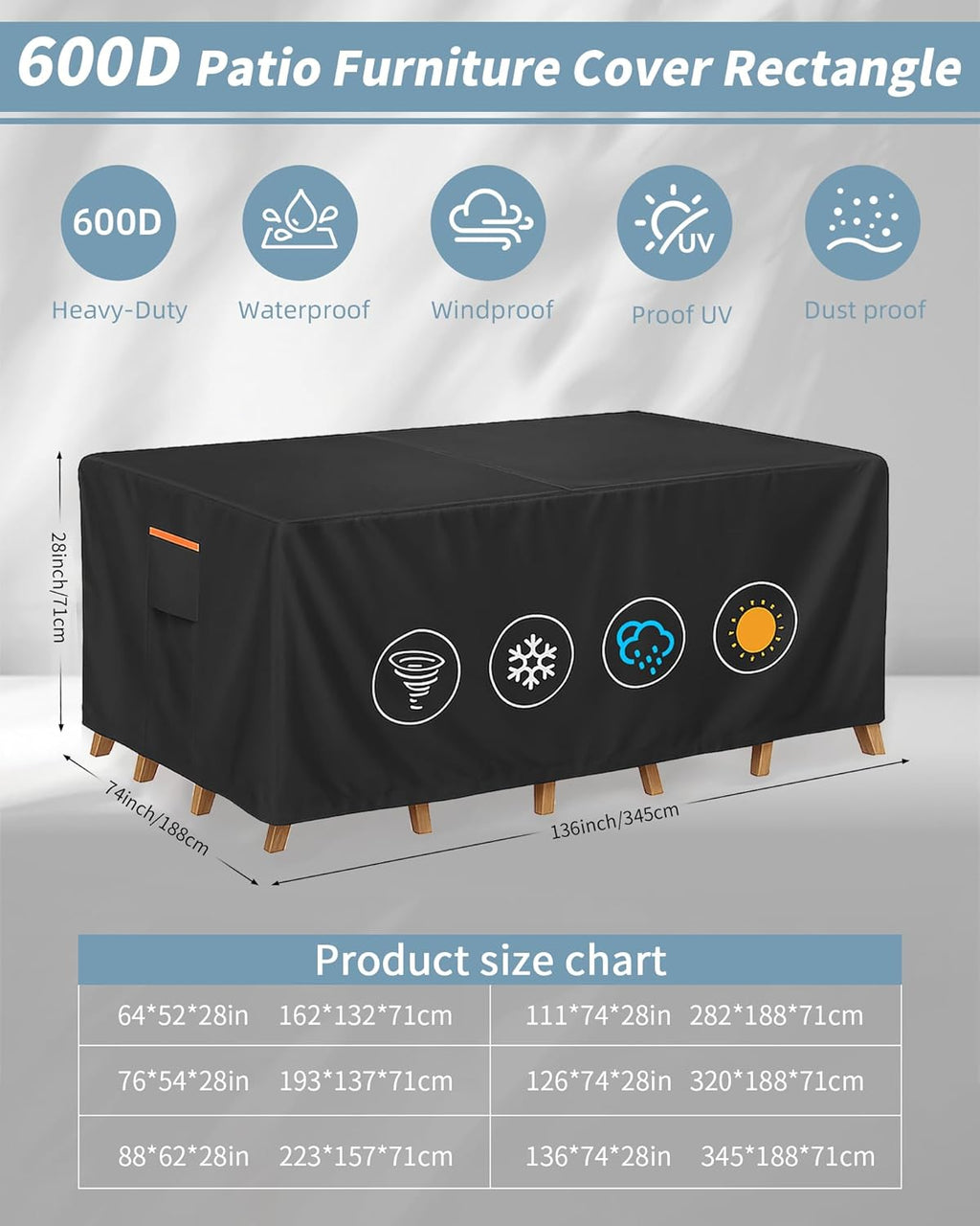Outdoor Waterproof Furniture Cover, 136W x 74L x 28H inches Heavy Duty 600D Rectangular Table and Chair Set Protection, Black